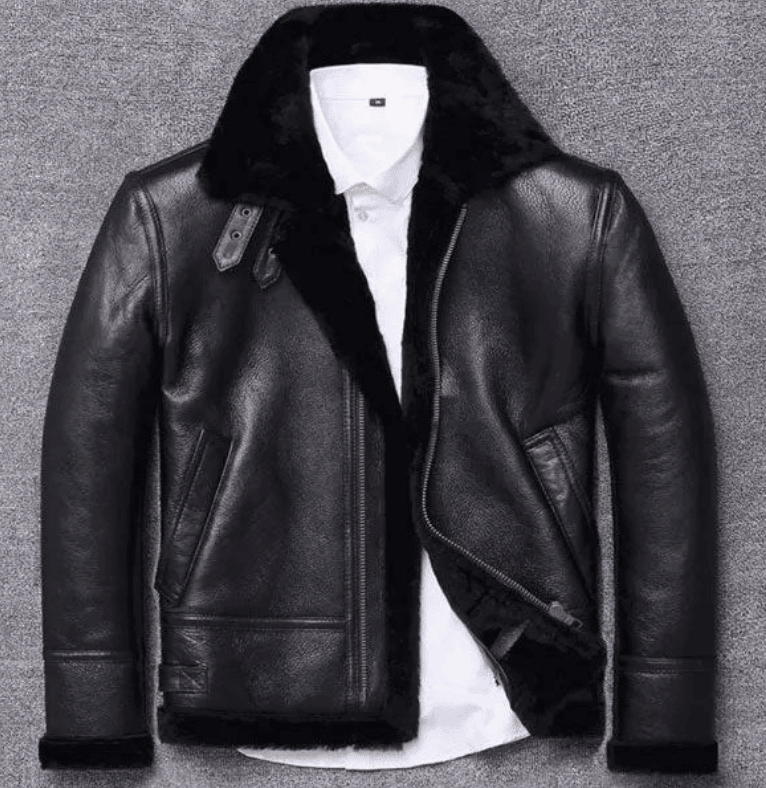 Mens Winter Shearling Fur Black Leather Jacket