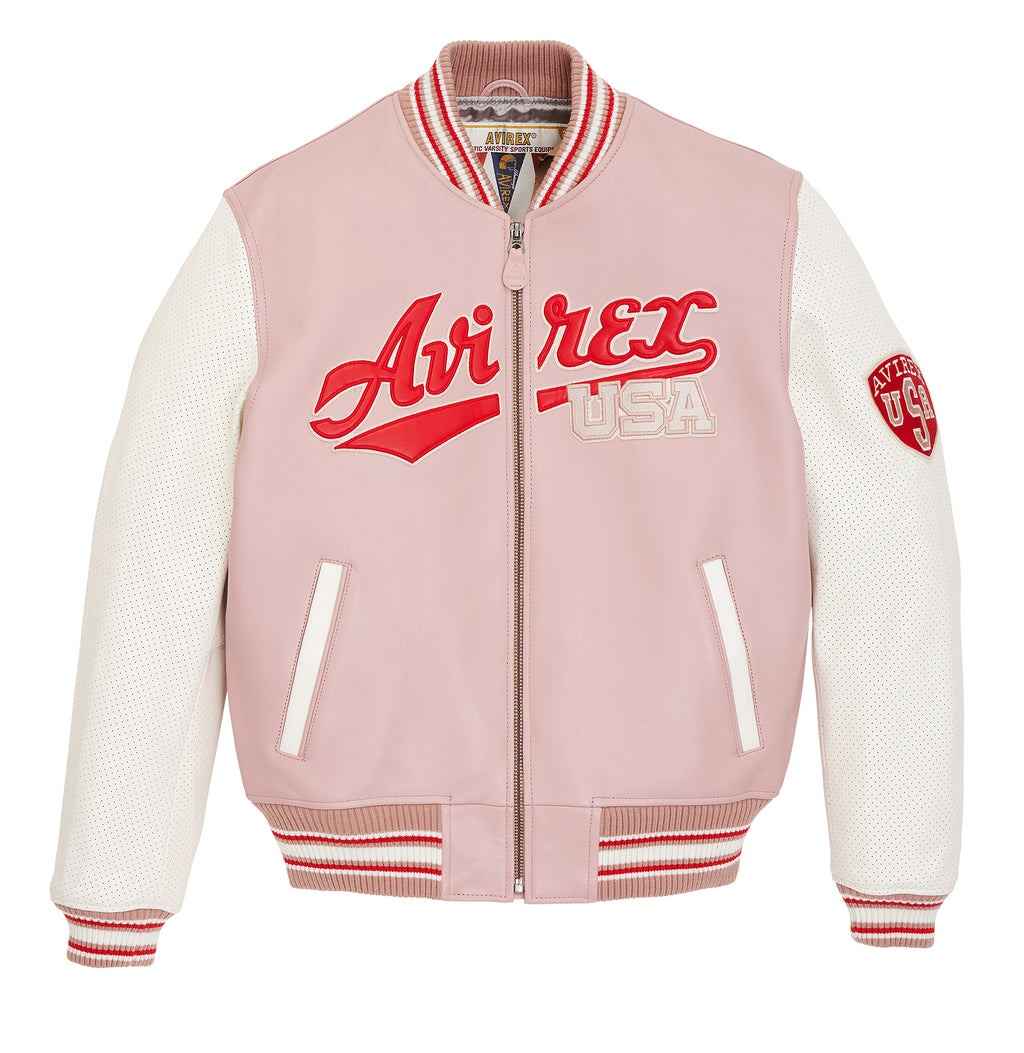 Mens Avirex Script USA Pink Varsity Leather Jacket L | 1 Size Up / Pale MALIVE/LIGHT Pink
