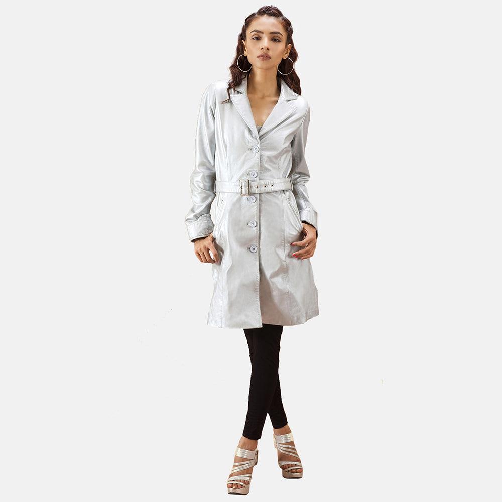 Womens Moonlight Silver Leather Trench Coat-5