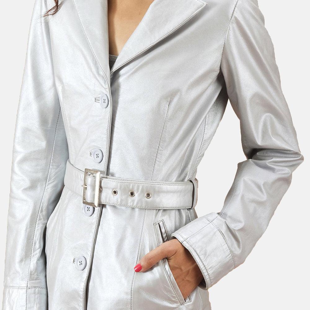 Womens Moonlight Silver Leather Trench Coat-4