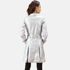 Womens Moonlight Silver Leather Trench Coat-1