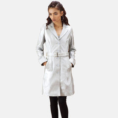 Womens Moonlight Silver Leather Trench Coat