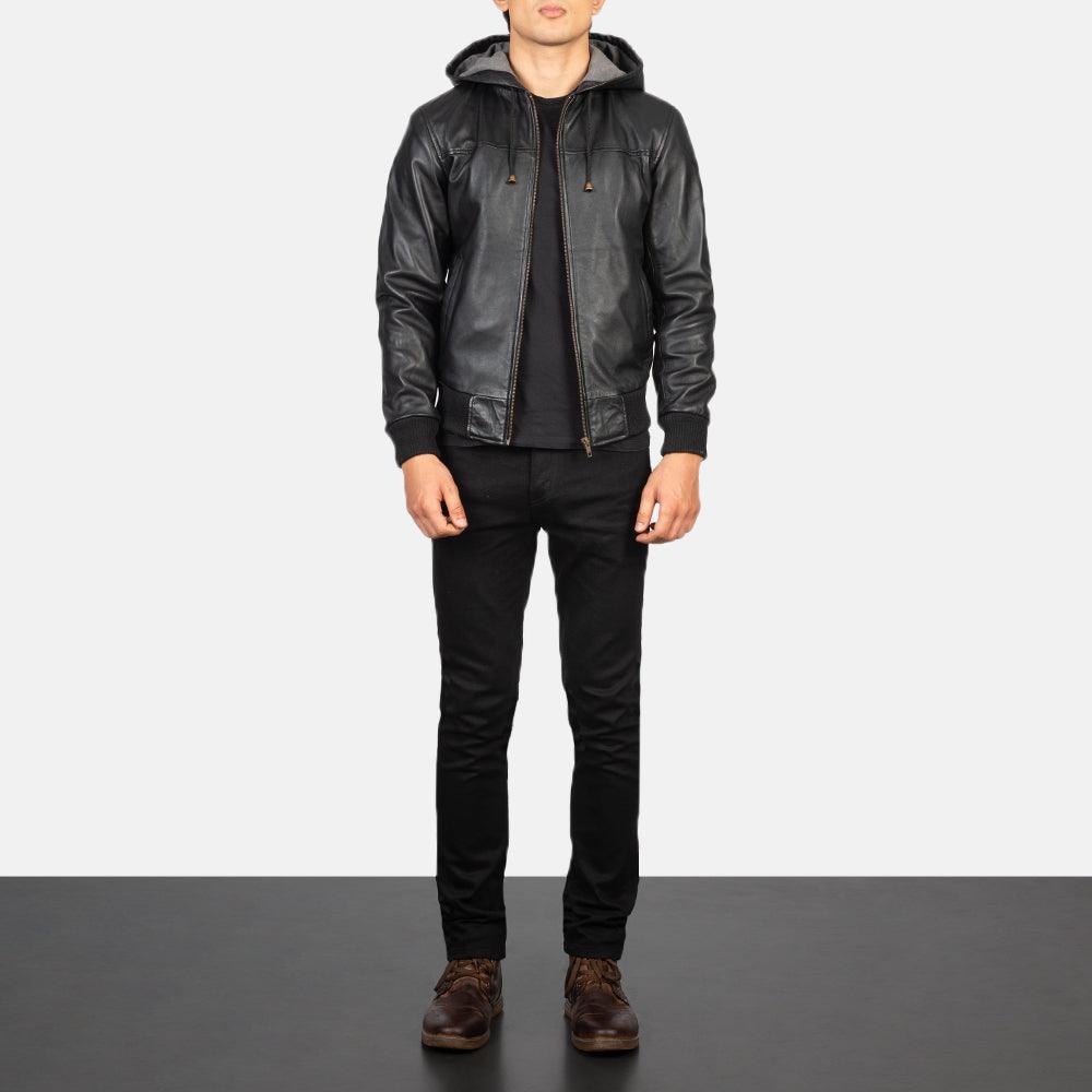 Mens Nintenzo Black Hooded Leather Jacket-5