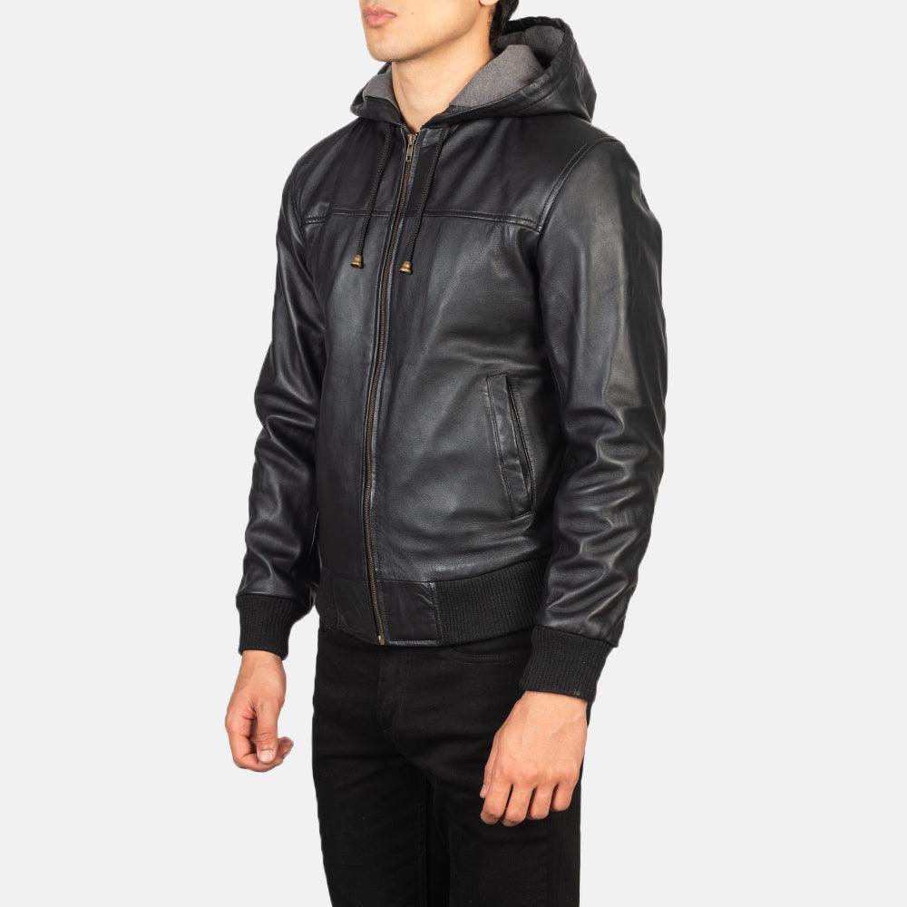 Mens Nintenzo Black Hooded Leather Jacket-1
