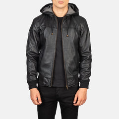 Mens Nintenzo Black Hooded Leather Jacket-2
