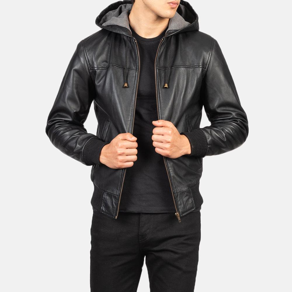 Mens Nintenzo Black Hooded Leather Jacket-4