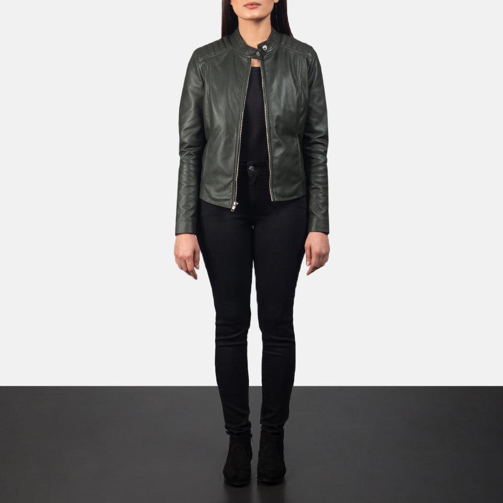 Womens Palm Green Leather Biker Jacket-5