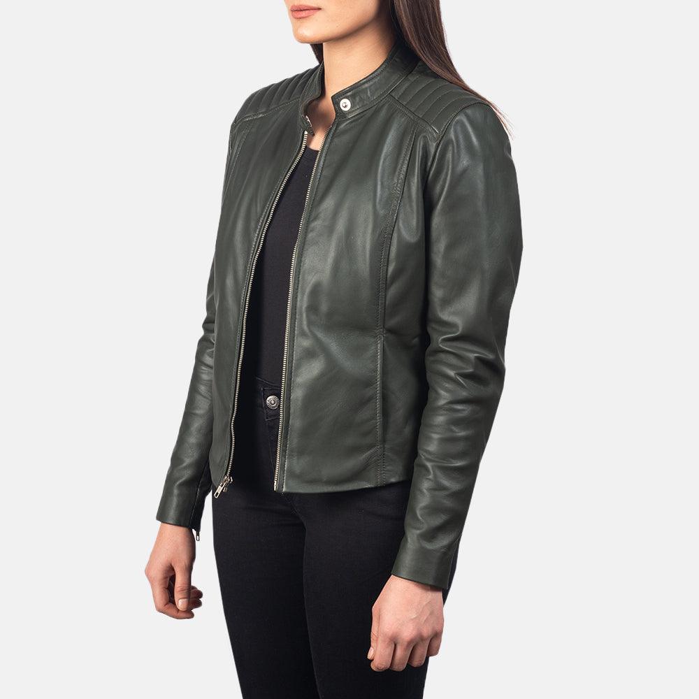 Womens Palm Green Leather Biker Jacket-4