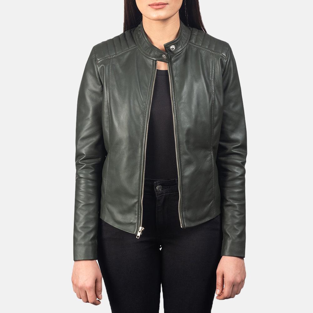 Womens Palm Green Leather Biker Jacket-3