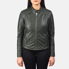 Womens Palm Green Leather Biker Jacket