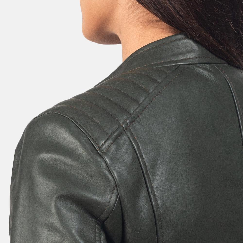 Womens Palm Green Leather Biker Jacket-1