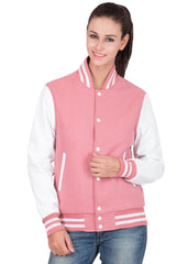 Pink Varsity Jacket Womens with White Leather Sleeves-1