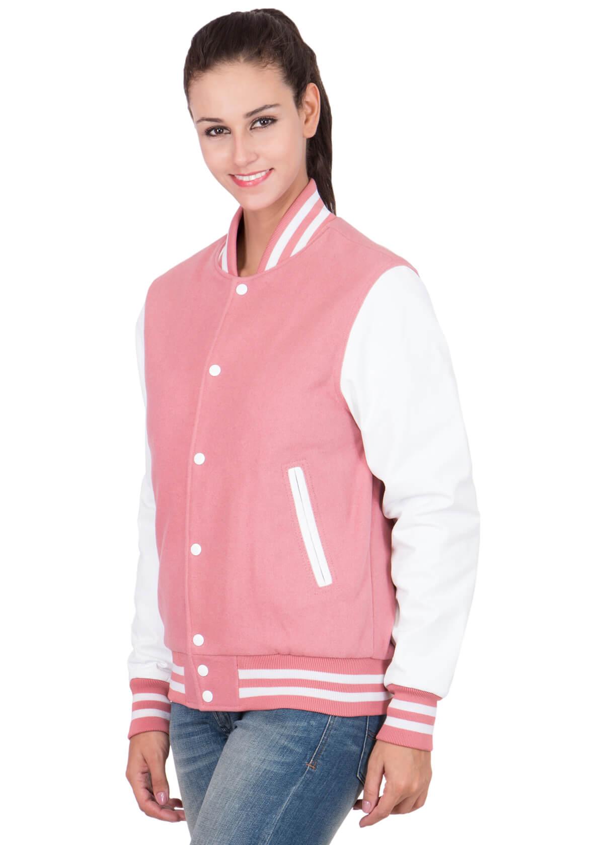 Pink Varsity Jacket Womens with White Leather Sleeves-2