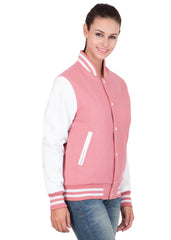 Pink Varsity Jacket Womens with White Leather Sleeves-3