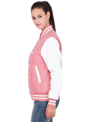 Pink Varsity Jacket Womens with White Leather Sleeves-4