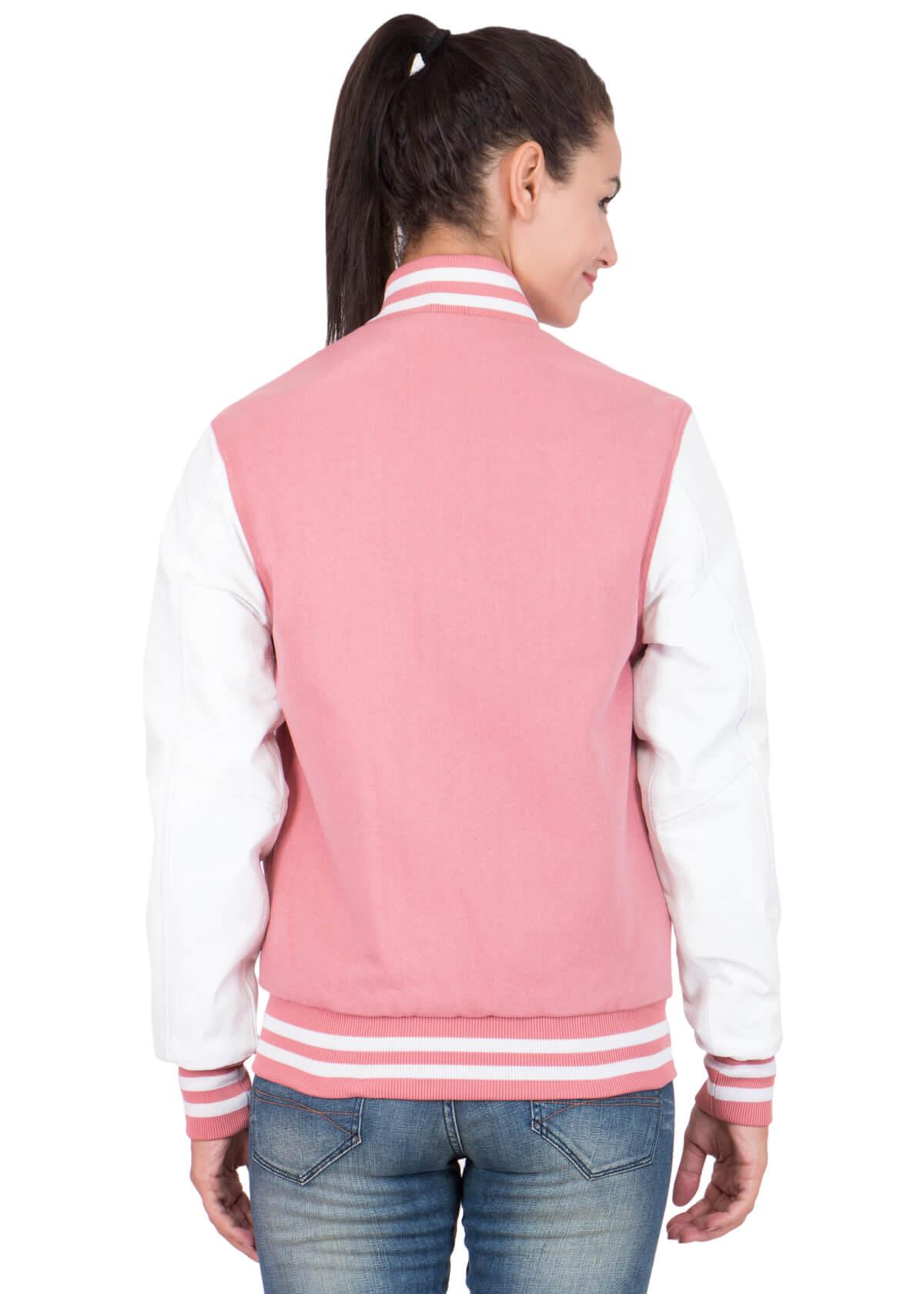 Pink Varsity Jacket Womens with White Leather Sleeves-5
