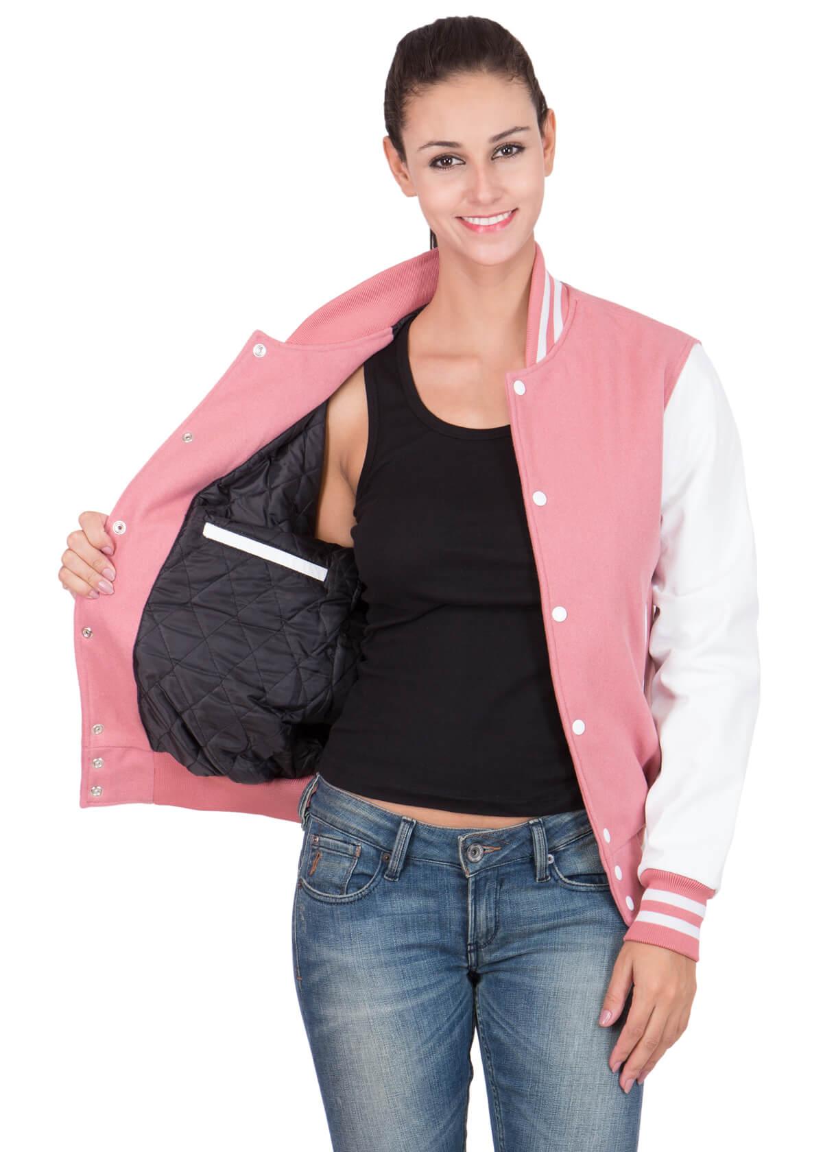 Pink Varsity Jacket Womens with White Leather Sleeves-7