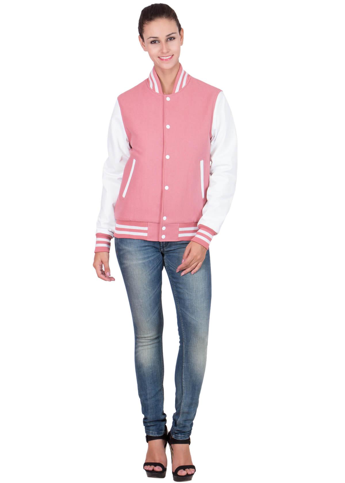Pink Varsity Jacket Womens with White Leather Sleeves-8