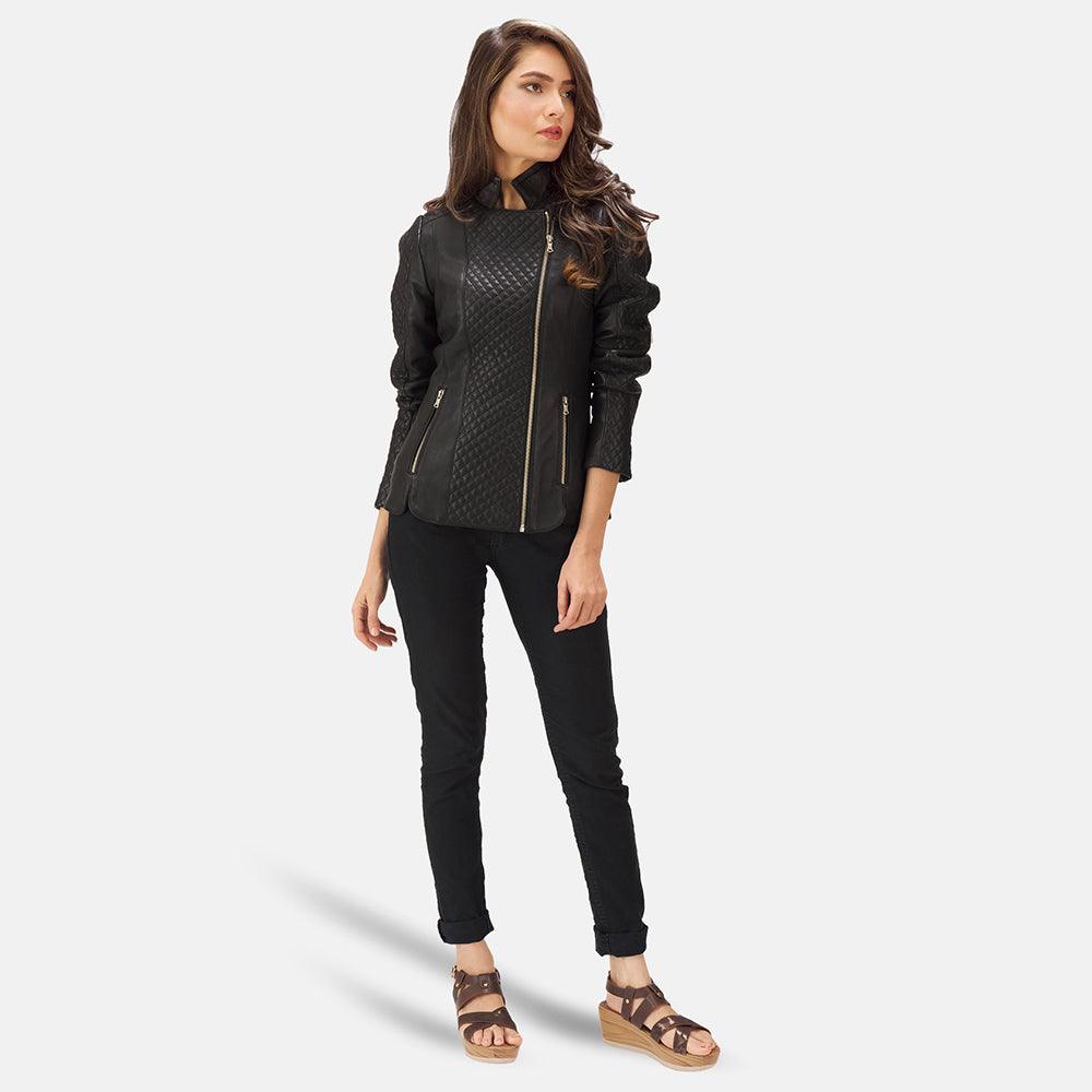 Womens Quilted Black Leather Biker Jacket-5