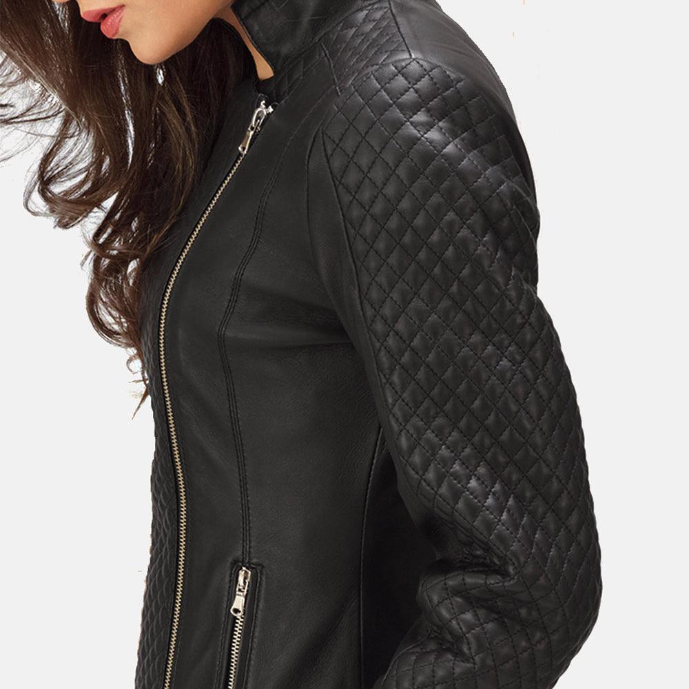 Womens Quilted Black Leather Biker Jacket-4