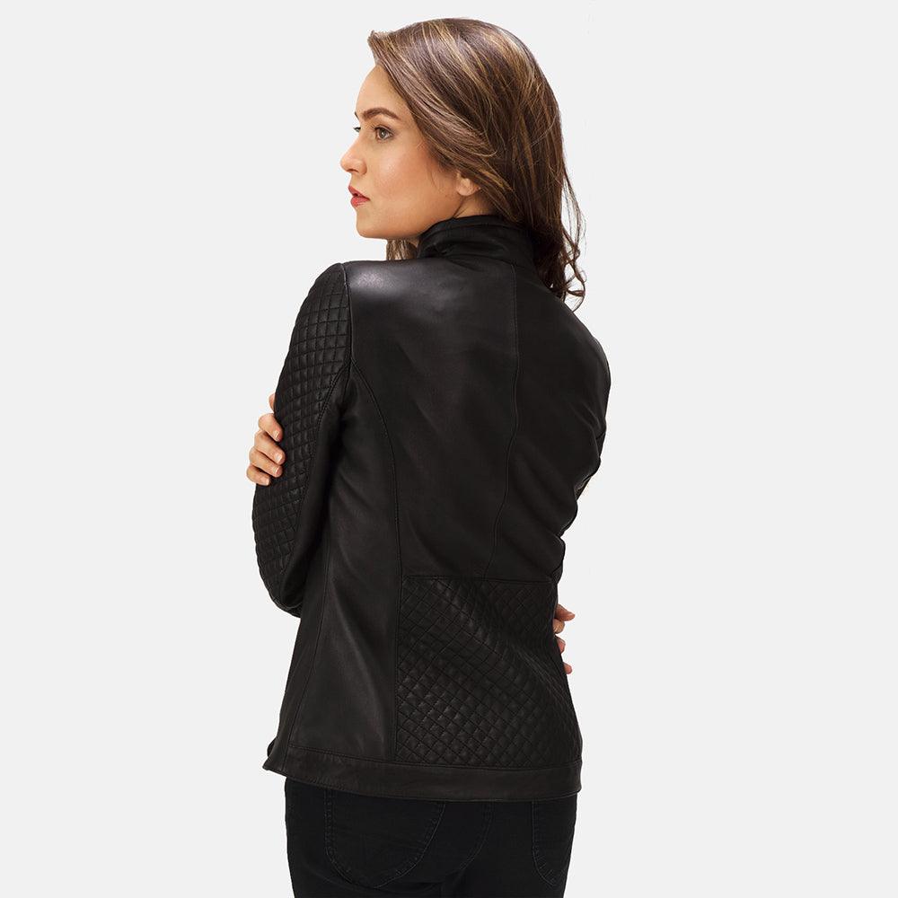 Womens Quilted Black Leather Biker Jacket-3