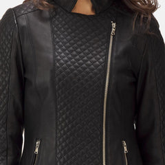 Womens Quilted Black Leather Biker Jacket-2