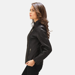 Womens Quilted Black Leather Biker Jacket-1