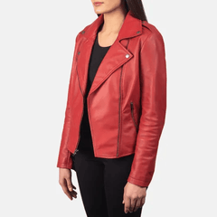 Womens Red Leather Flashback Biker Jacket-1