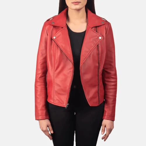 Womens Red Leather Flashback Biker Jacket