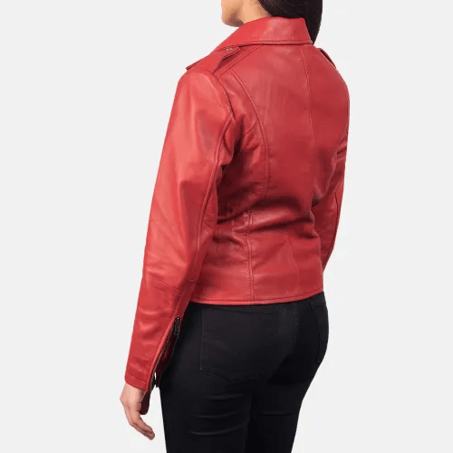 Womens Red Leather Flashback Biker Jacket-3