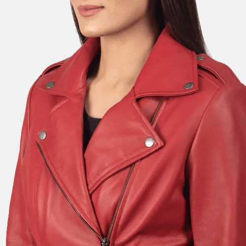 Womens Red Leather Flashback Biker Jacket-2