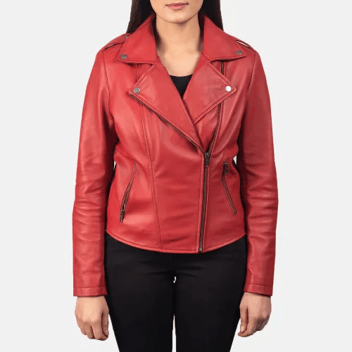 Womens Red Leather Flashback Biker Jacket-4