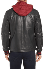BUGATCHI NWOT Red Hooded Leather Bomber Jacket-1