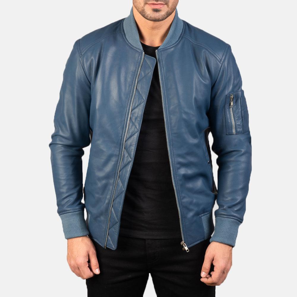 Sapphire Blue Leather Bomber Jacket