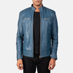 Sky Blue Leather Biker Jacket Men-3