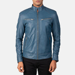 Sky Blue Leather Biker Jacket Men