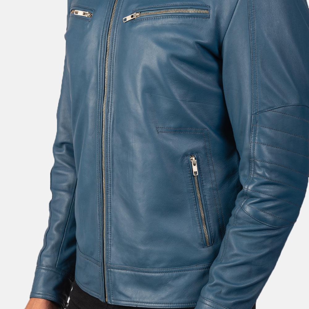 Sky Blue Leather Biker Jacket Men-2