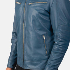 Sky Blue Leather Biker Jacket Men-2