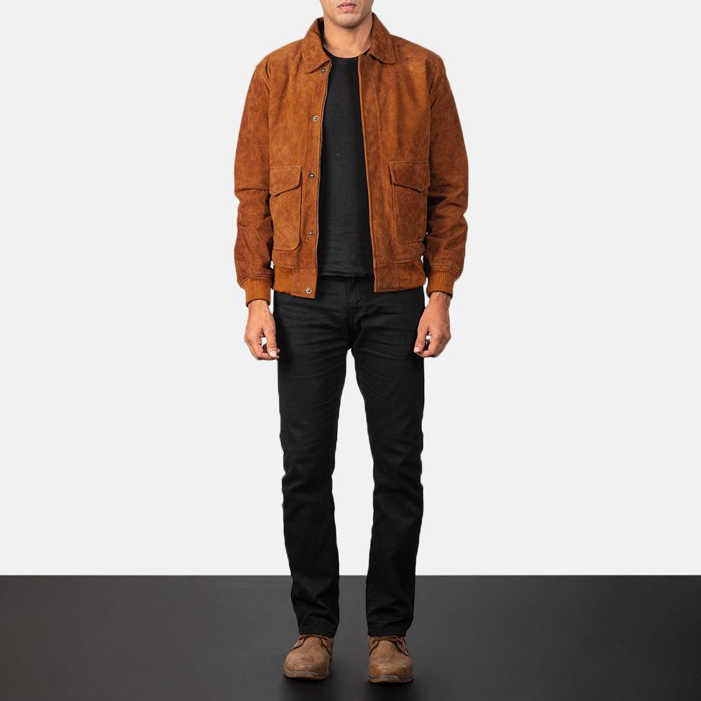 Mens Suede Leather Bomber Jacket-5