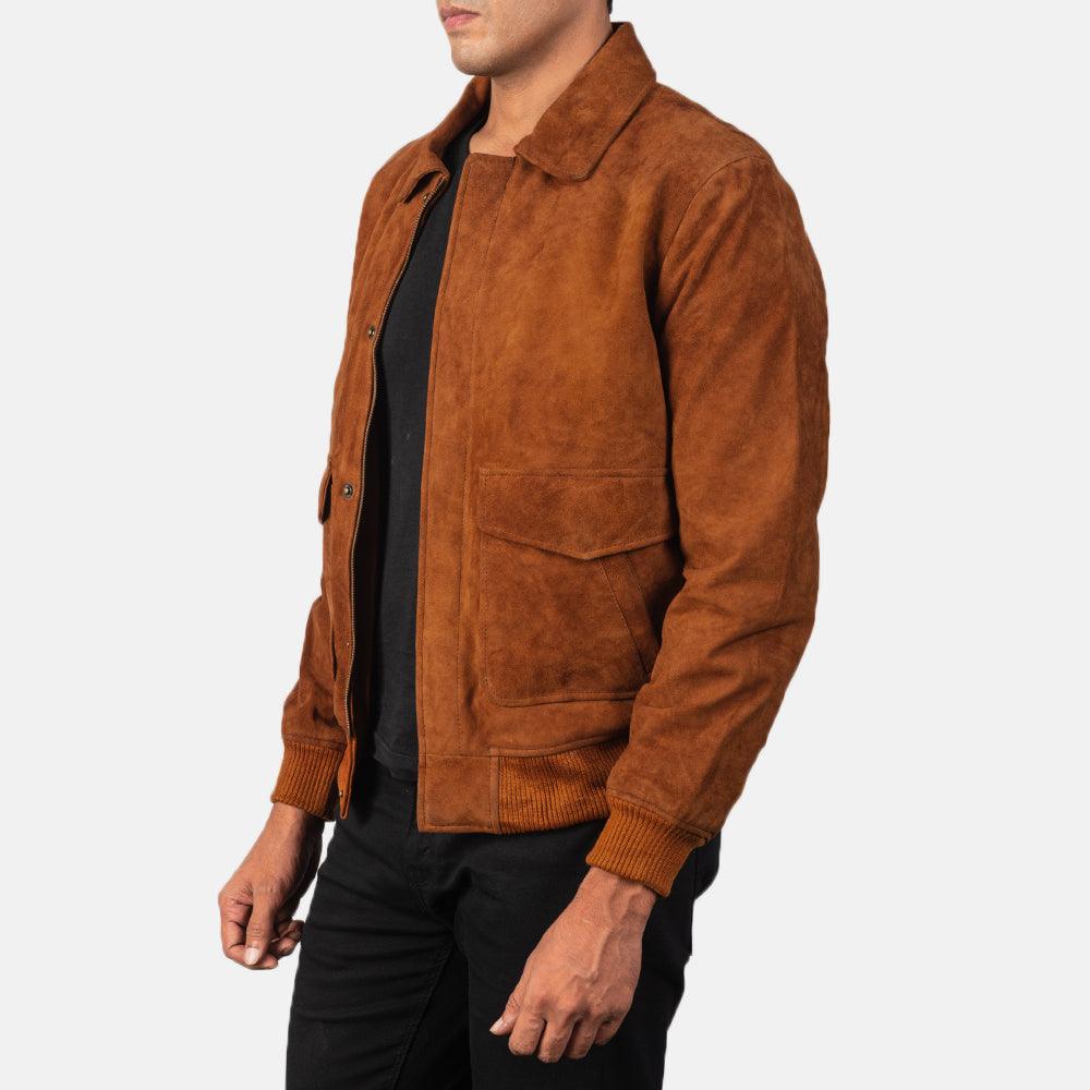 Mens Suede Leather Bomber Jacket-4