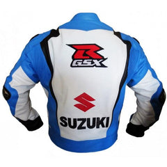 Suzuki Branded Motorbike White Blue Black Leather Jacket Back