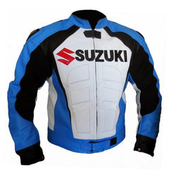 Suzuki Branded Motorbike White Blue Black Leather Jacket Front
