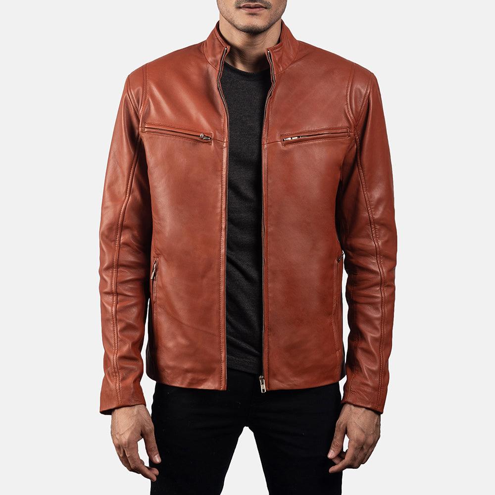 Mens Ionic Tan Brown Leather Casual Jacket-4