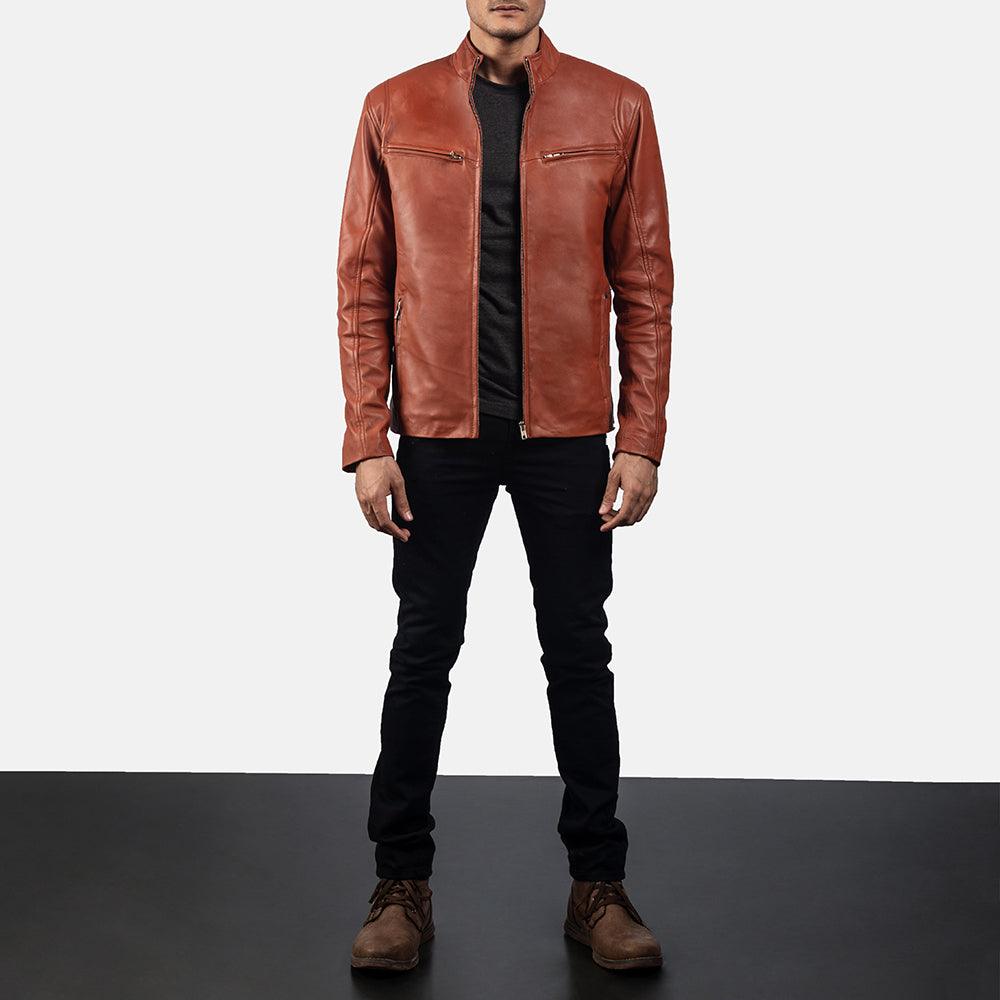 Mens Ionic Tan Brown Leather Casual Jacket-5