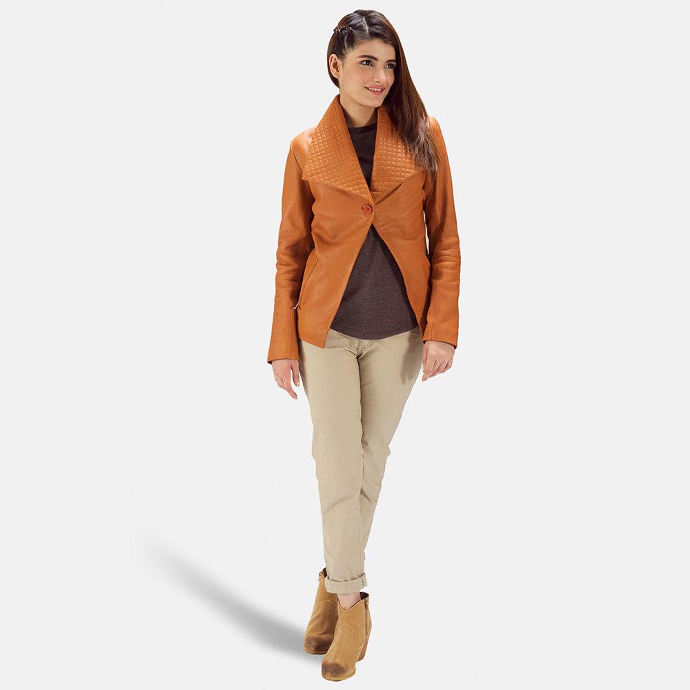 Womens Tan Brown Leather Blazer Jacket-5