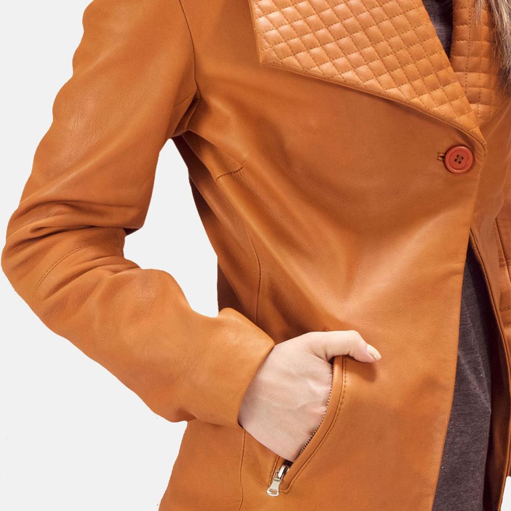 Womens Tan Brown Leather Blazer Jacket-4