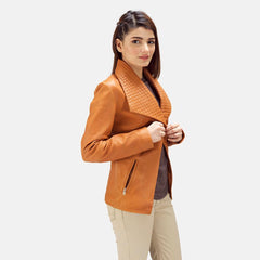 Womens Tan Brown Leather Blazer Jacket-2