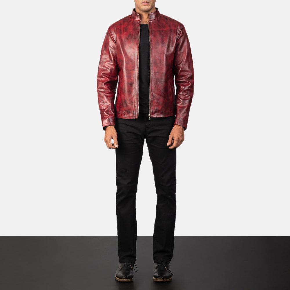 Mens Waxed Burgundy Leather Jacket-5