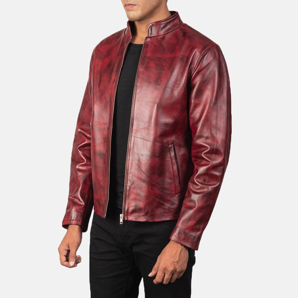 Mens Waxed Burgundy Leather Jacket-4