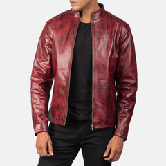 Mens Waxed Burgundy Leather Jacket-1